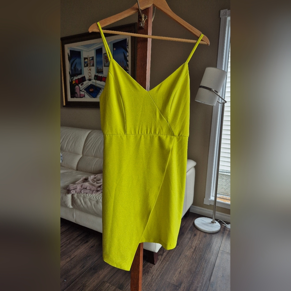 Do+Be Neon Yellow Lime Green Spaghetti Strap Dress Asymmetrical Hem Medium